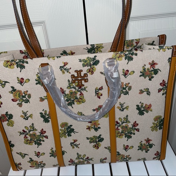 Tory Burch jumbo canvas tote shoulder bag natural rose floral yellow beige - Picture 12 of 14